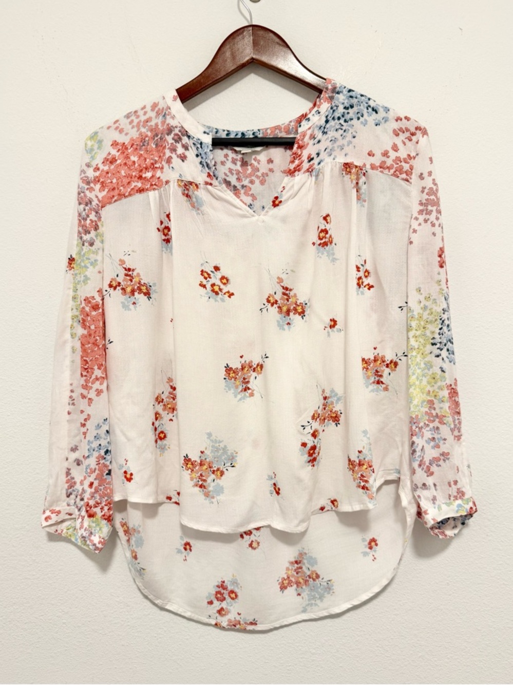Lucky Brand Floral Print Peasant Blouse Long Sleeves Lightweight V Neck Large